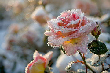 Blooming rose, covered with white frost. Morning frost, green frozen plant leaves. Onset of winter.