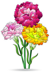 Stained glass illustrations with bouquet of carnations, flowers isolated on a white background