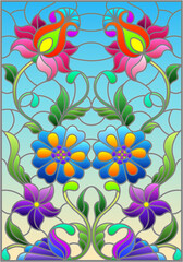 Illustration in stained glass style with abstract flowers, leaves and curls on a blue background