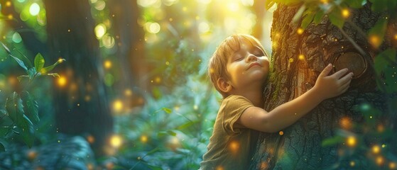 Concepts of carbon neutrality and net zero Youngster embracing tree in open woodland worldwide warming and carbon dioxide emissions are worldwide issues.