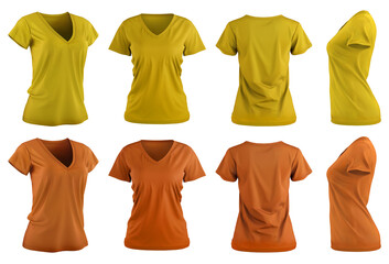 2 Set of woman yellow orange mustard tee t shirt v-neck slim cut, front back and side view on transparent background cutout, PNG file. Mockup template for artwork graphic design.
