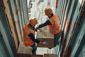 Two Workers Loading Cardboard Boxes In Truck - obrazy, fototapety, plakaty