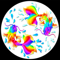 An illustration in the style of a stained glass window with koi carp on a black background