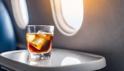 Blurry airplane window view with a glass of alcohol, symbolizing relaxation and travel excitement