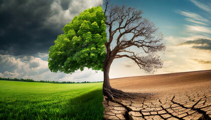 Half-green, half-drought tree symbolizing climate change impact and transition to green growth. Visual metaphor for environmental resilience
