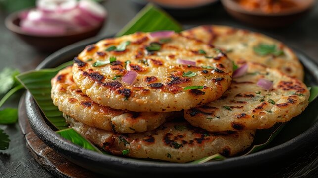 Homemade kerala Porotta or paratha,layered flat bread made using maida or all purpose wheat flour arranged in a black ceramic plate on fresh green banana leafand garnished with onion rings. 