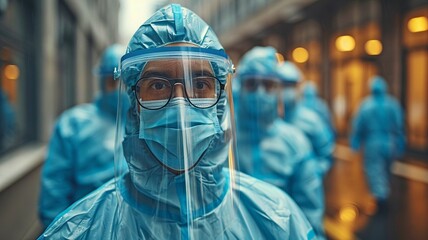 Scattered throughout a fatigued medical personnel wearing clean suits, masks, and gowns is a dejected Asian man doctor wearing hazardous PPE. - obrazy, fototapety, plakaty