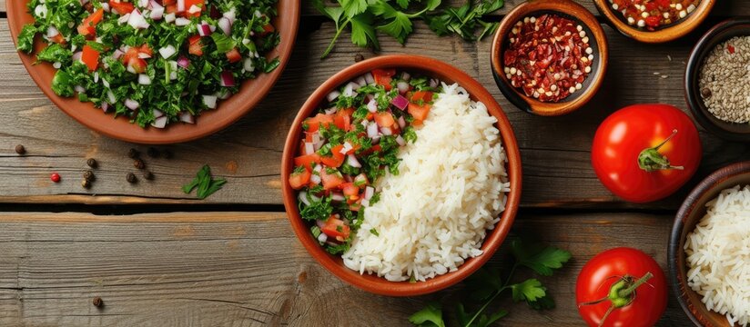 A wooden table is covered with bowls filled with rice and assorted vegetables, including Tabula salad and Mehshi kusa, creating a vibrant and nutritious meal setup.