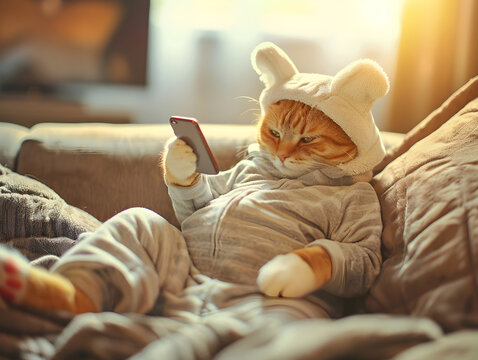 cute picture of a lazy cat with a phone. relaxed. sunset, evening, pajamas. Kitten playing with the phone. Sleeping on the bed, sofa. Beige and white, soft lighting