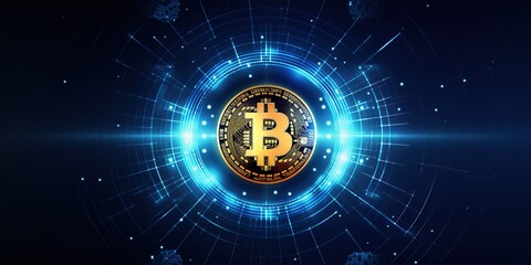 Bitcoin abstract blue background IoT technology.