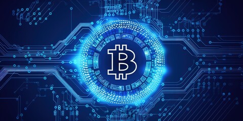 Obraz premium Bitcoin abstract blue background IoT technology.