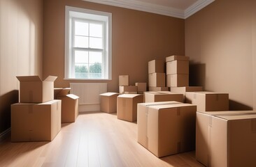A large pile of cardboard boxes. Packing of things when moving. Kraft delivery boxes in an empty room after renovation. Delivery service business banner.