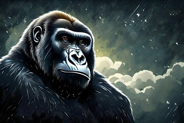 Gorilla in thunder storm background illustration