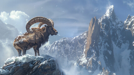 Alpine ibex Capra ibex. In background - obrazy, fototapety, plakaty