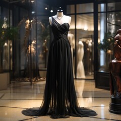 Naklejka premium Elegance unveiled: a captivating display of a beautiful, luxurious evening gown gracefully adorning a mannequin, epitomizing timeless style and opulence for a glamorous and chic affair