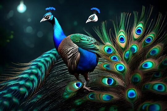 a beautiful peocock tail with flowers night scene, a beautiful peacocks shining feathers on nightb background and glowing effect, close up peocock 4k HD walpaper