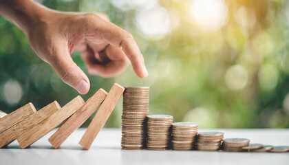 Wooden Dominos halted mid-fall, preventing coin stack collapse on clean white surface