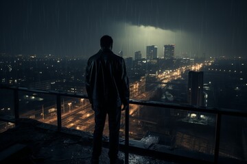 Man stands on balcony gazing at city lights in the nighttime darkness
