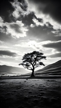 Timeless Serenity: A Lone Tree in a Boundless Countryside Under a Cloudy Sky in Black and White