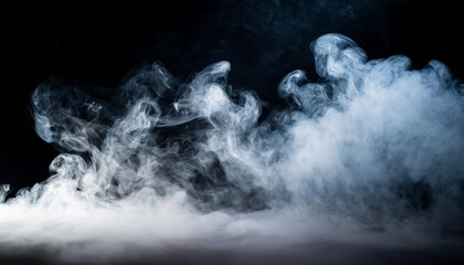 Abstract fog on black background with white cloudiness. Mysterious and atmospheric, evoking...