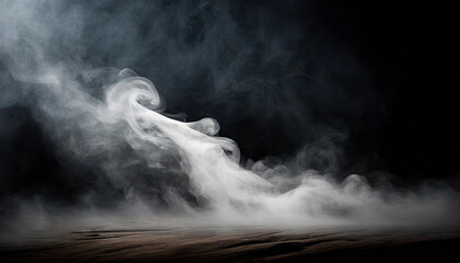 Abstract fog on black background with white cloudiness. Mysterious and atmospheric, evoking ambiguity and depth in imagery