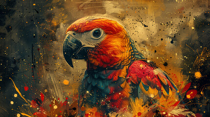 Red and blue macaw portrait old-style picture  spirit animal - obrazy, fototapety, plakaty