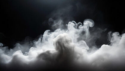Abstract fog on black background with white cloudiness. Mysterious and atmospheric, evoking ambiguity and depth in imagery - obrazy, fototapety, plakaty