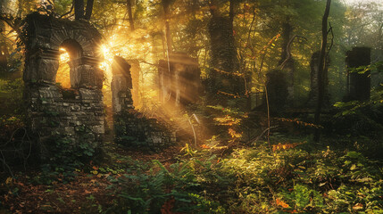 The soft glow of autumn sun filters through lush foliage, casting a warm light on the stone ruins beneath