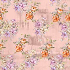 Fototapeta na wymiar Seamless summer pattern with watercolor flowers handmade