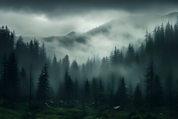 Enigmatic Forest Fog: A dense fog enveloping a mysterious forest, creating an otherworldly and atmospheric scene.

