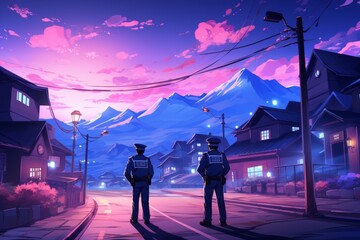 linear police officers patrolling a futuristic cityscape at night...