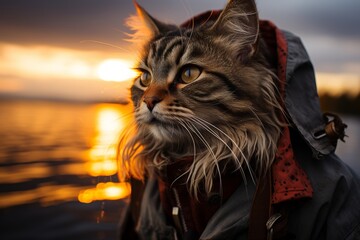 Felidae cat with whiskers in jacket and scarf at sunset by water