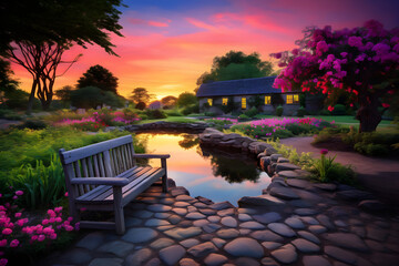 Enchanting Twilight in a Beautiful English-Style Garden with a Serene Pond and Cobblestone Walkway