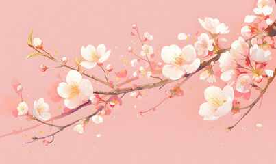 Fototapeta premium a branch of a cherry tree with pink flowers on a pink background,Generative AI