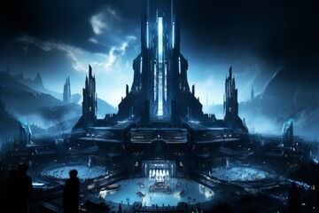 A man stands in front of a futuristic castle in the dark night sky