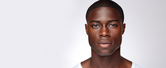 Portrait of a handsome elegant sexy African man with dark and perfect skin, on a white background.