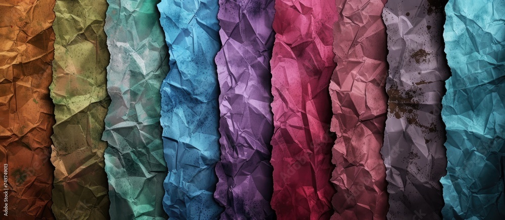 Poster various colored papers in different textures and fonts are hung on a wall, creating a visually dynam