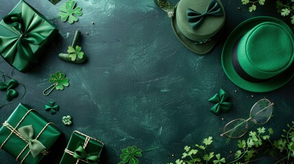 st. patrick's day decorations with top view of green party glasses, bow-tie, shamrocks cap, and gift box green background copy space