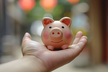 A hand holds a small money-saving piggy bank on the palm of its hand
