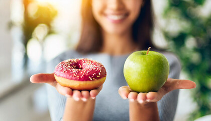 woman's hand holds an apple in one hand and a donut in the other against a neutral background, symbolizing health choices