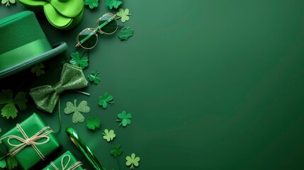 st. patrick's day decorations with top view of green party glasses, bow-tie, shamrocks cap, and gift box green background copy space - obrazy, fototapety, plakaty