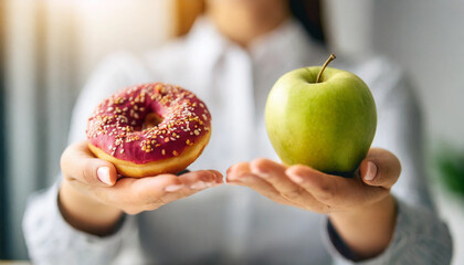 woman's hand holds an apple in one hand and a donut in the other against a neutral background, symbolizing health choices