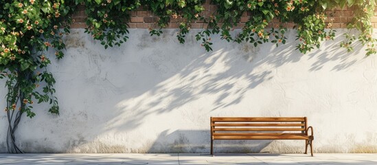 A wooden bench sits below a white wall adorned with vines and decorative brickwork, bathed in sunlight. The setting is simple and minimalist, with a stark contrast between the natural wood and the