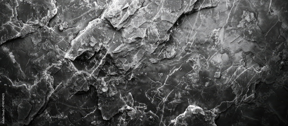Poster a grayscale image showcasing a rugged rock wall with intricate patterns and textures.