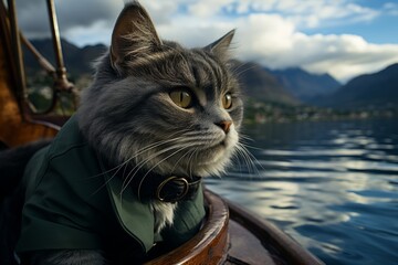 A Felidae with whiskers sits on a boat admiring the lake under a cloudy sky