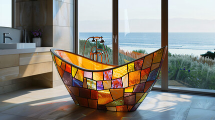 Bathtub made out of stained glass in a modern bath