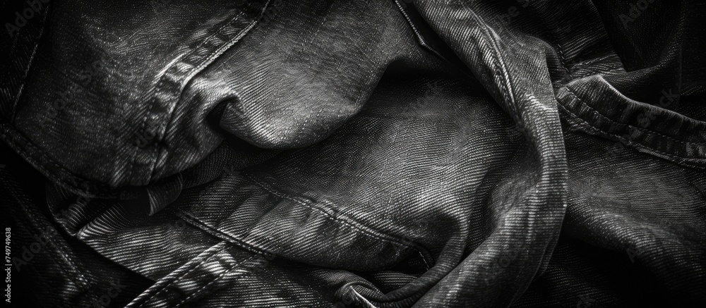 Poster this black and white image showcases a pair of old and aged denim jeans, providing a textured backgr
