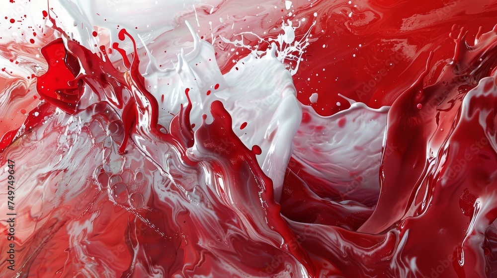 Poster a vivid and energetic clash of red and white paint, creating a chaotic splatter and swirling effect 