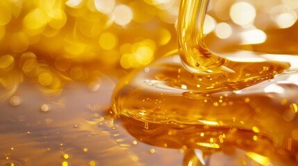 Macro photography of honey pouring down with a glistening bokeh effect in the golden-hued background.