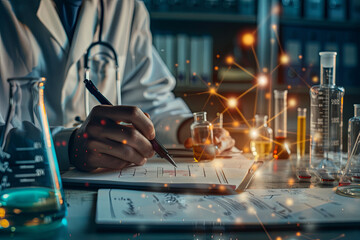 Scientist with a pen over chemistry formulas on handwritten notepads for assay note comparison, with a lab technician showing a scientific cylinder